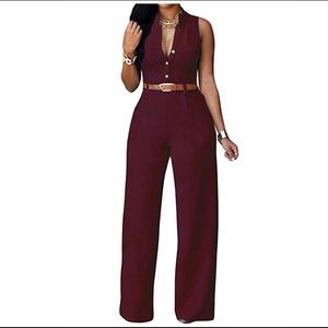 Belted wife leg jumpsuit dress burgundy